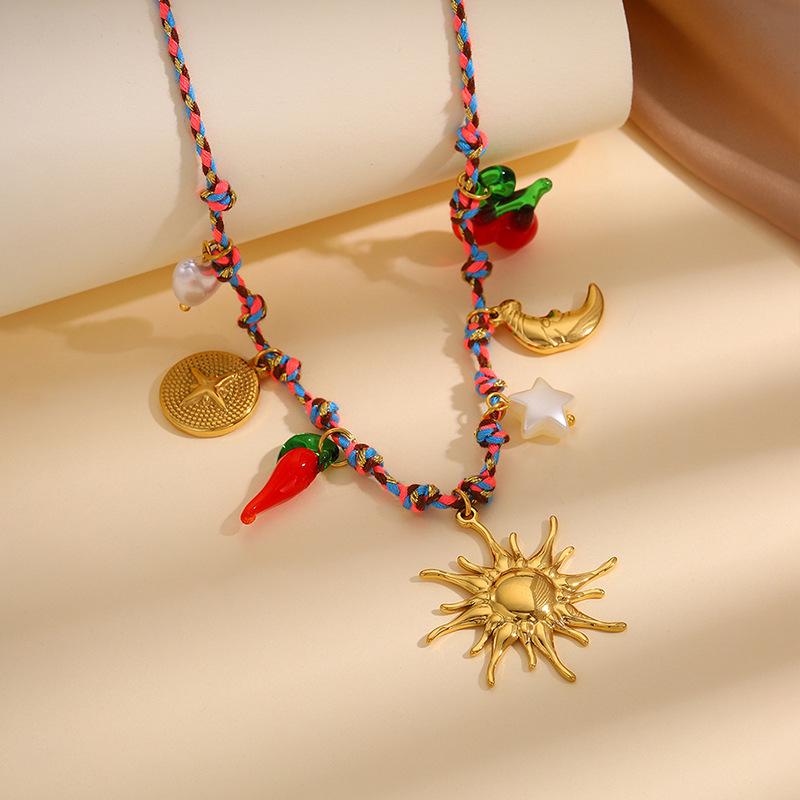 

Women s Retro Titanium Steel Rope Necklace with Multi-element Sun Pendant