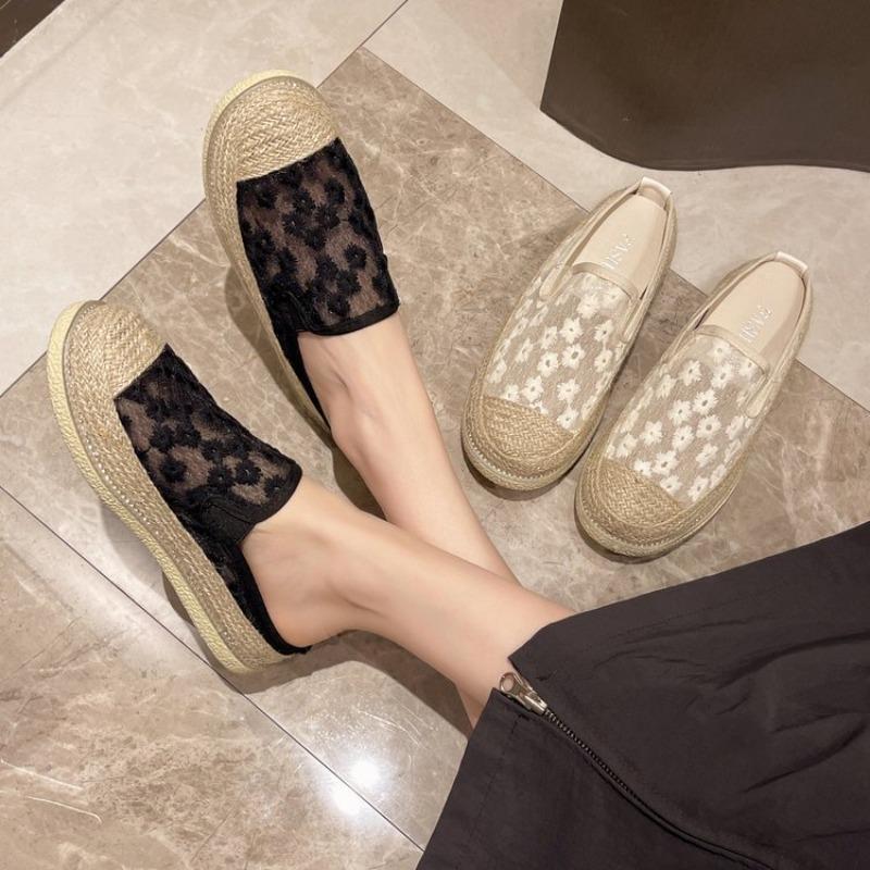 Fashion Slippers Women Summer Cover Toe Shoes Platform Pantofle Slides Low 2025 Cotton Fabric Fisherman Rome Rubber Hoof Heels Shoes Low