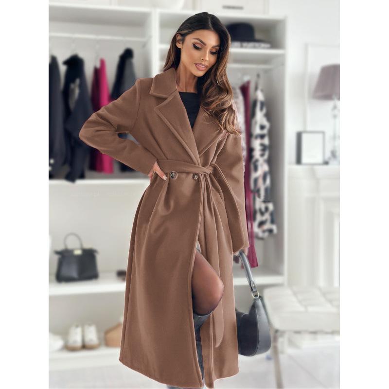 2024 Autumn/Winter Simple Solid Color Double-Breasted Wool Blend Lapel Tie Coat
