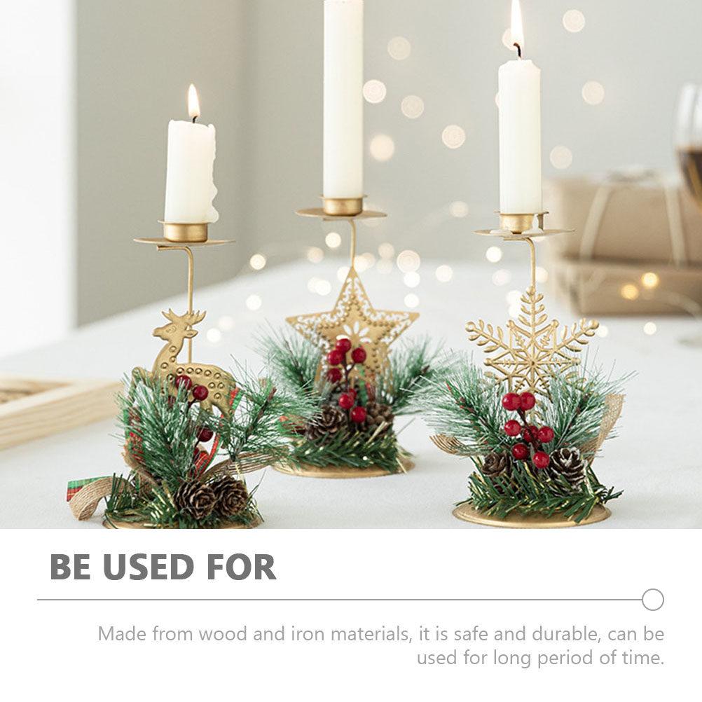 1pc Holder Christmas Decoration Wooden Iron Xmas Party Candlestick Desktop Tabletop Decorative Stand Festive Holiday