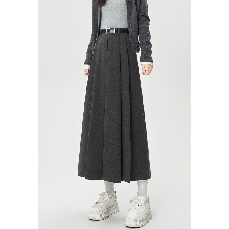 Women's 2024 High-Waisted Wool Pleated Midi Skirt – Autumn/Winter Slimming A-Line