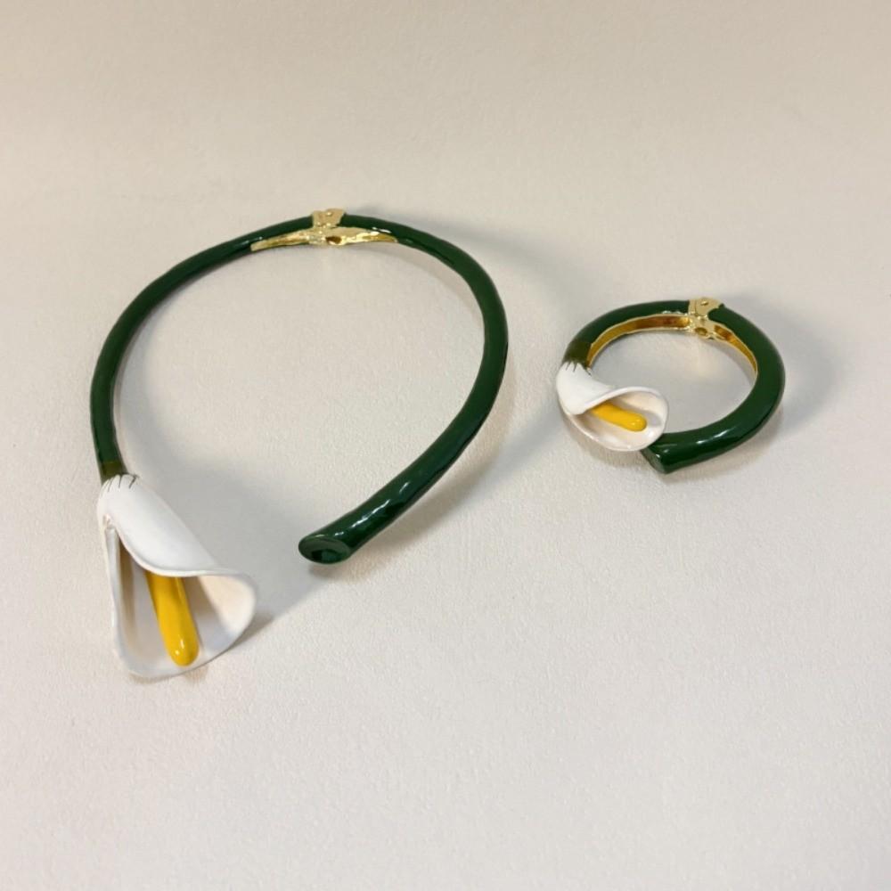 Glazing Flowers Jewelry Set Vintage Floral Enamel Bracelet Chic Calla Choker Necklace  Vacation