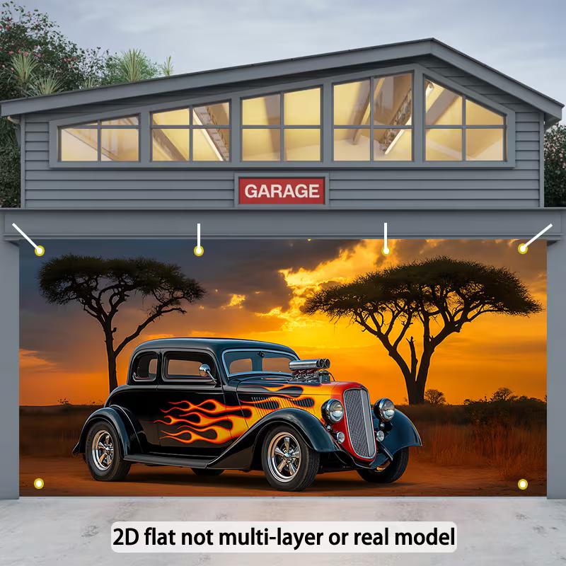 2D Classic Car Garage Backdrop, Black Hot Rod with Flames & African Sunset Photography Background 47.2x31.5inch/120*80cm