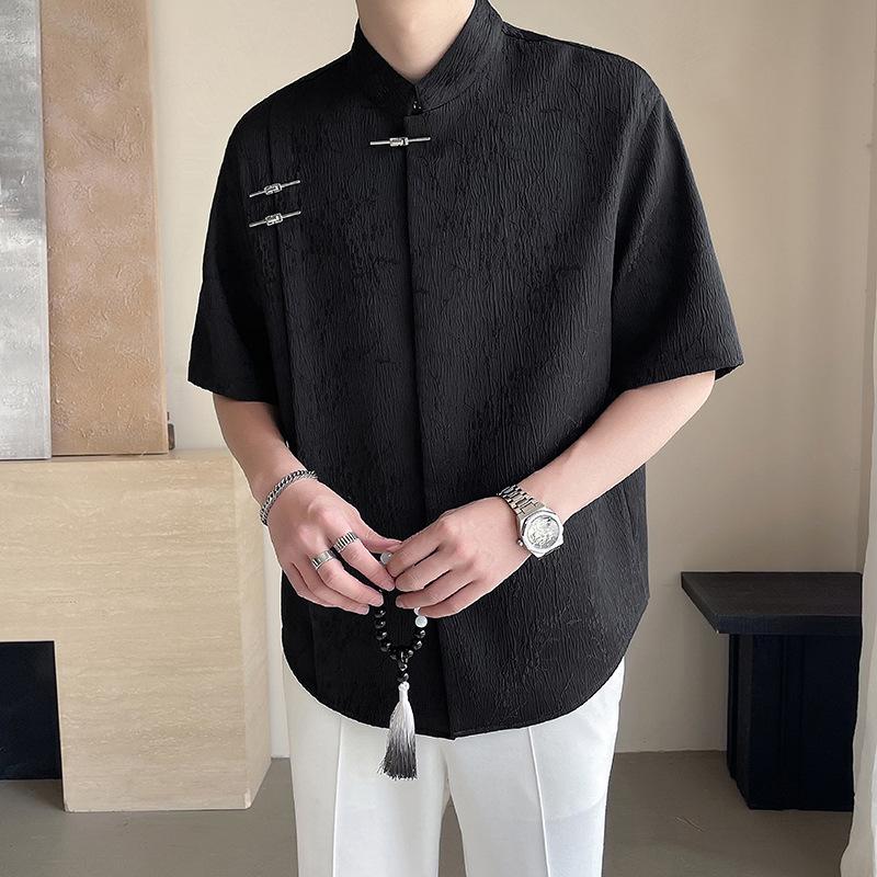 Summer New Chinese Style Jacquard Short Sleeved Shirt Men's New Loose Chinese Style Stand Up Collar Shirt