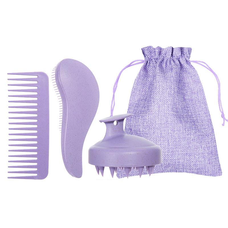 3Pcs/set Wheat Straw Comb Set Hairdressing Wide Tooth Styling Comb Shampoo Comb Massage Cleaning Silicone Shampoo Brush фиолетовый
