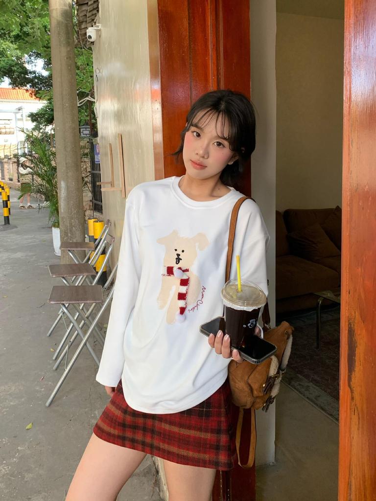 Koreanischer Stil Regenbogen Welpen Druck Locker Lässig Langarm T-Shirt für Damen