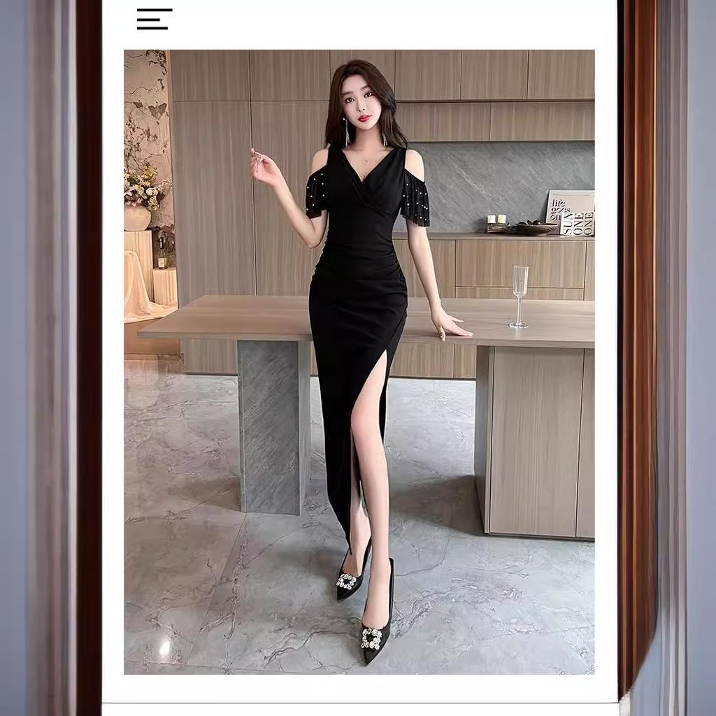 Summer body night main store sexy dress low-cut off-the-shoulder mesh temperament tight back and thin hip-wrapped dress