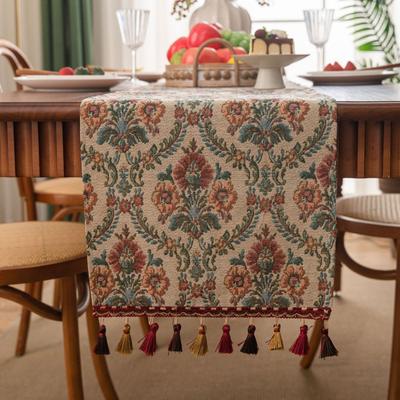 Home Decoration Vintage Jacquard Table Runner Thickened with Tassel Tablecloth Flower Pattern Table Cover Festival