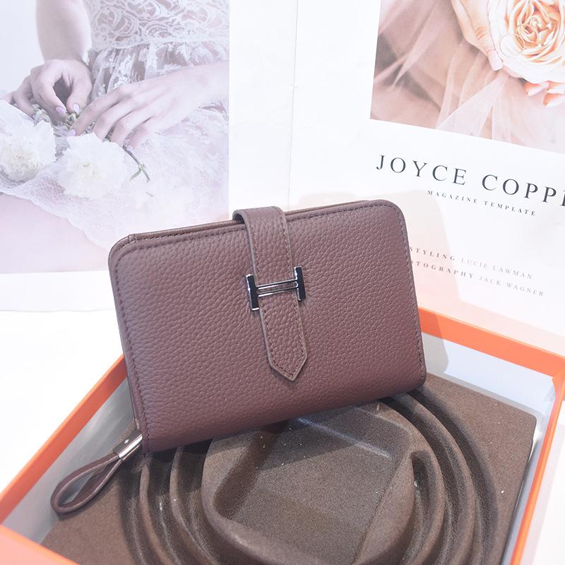 Portefeuille court pour femme en cuir de vachette véritable de haute qualité, double pli avec fermeture éclair, première couche de cuir de vachette, sac à main motif litchi fait main