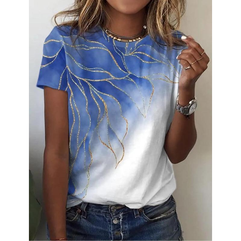 Summer Women's T-shirt 3D Printed Flower Pattern Casual Short Sleeved Round Neck Top