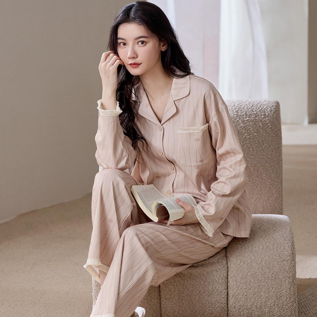 1011 great-looking pajamas women's spring and autumn cotton long-sleeved pullover V-neck cotton autumn and winter loungewear set