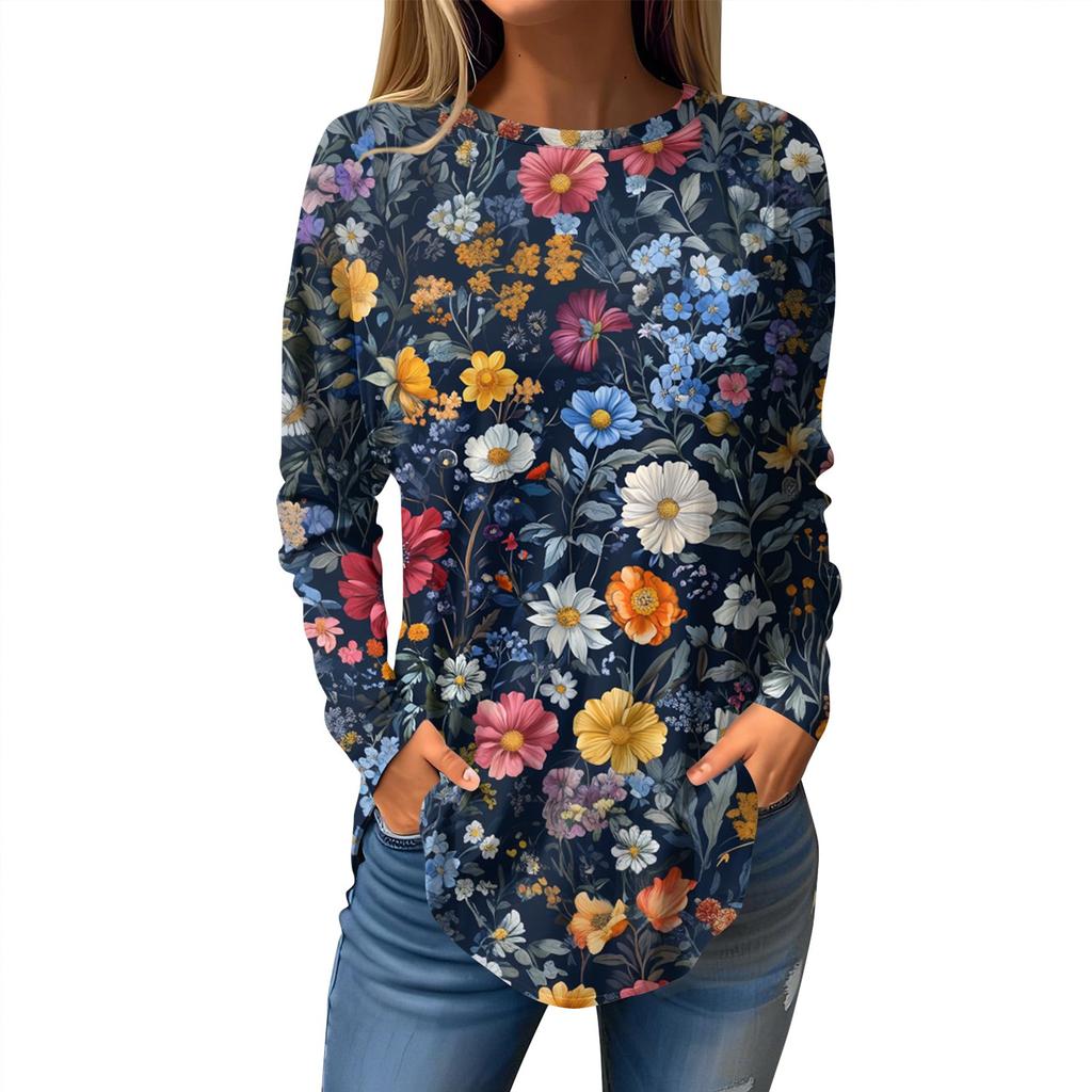 Women's Loose Casual Printed Round Neck Long Sleeved T Shirt Top Pullover Long Sleeved Sweatshirt