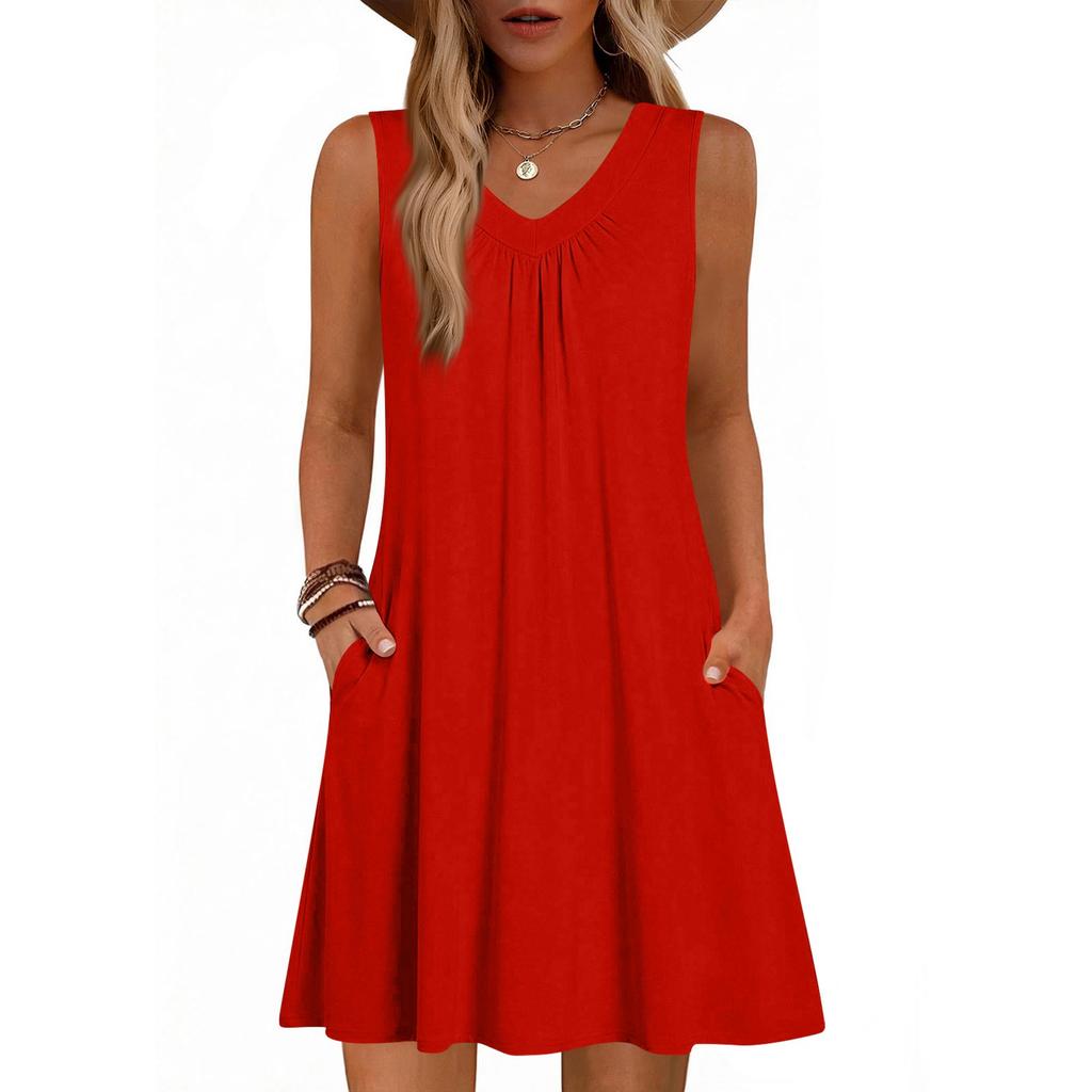 Women's Fashion Color Summer Sleeveless V-neck Vest Pocket Casual Loose Dress