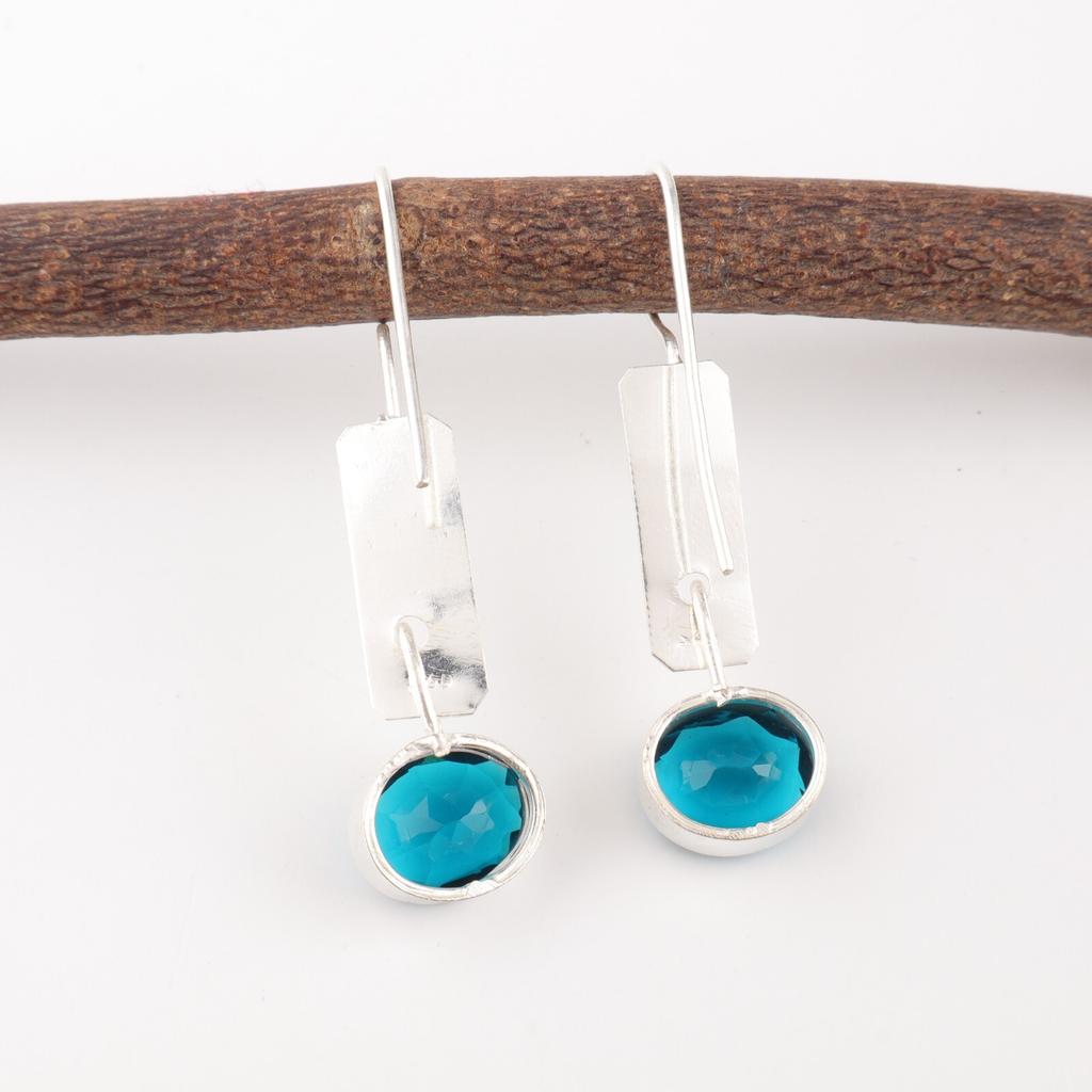 Blue Apatite Gemstone 925 Stamped Silver Designer Jewelry Handmade Earrings 1.9" EE-168-13