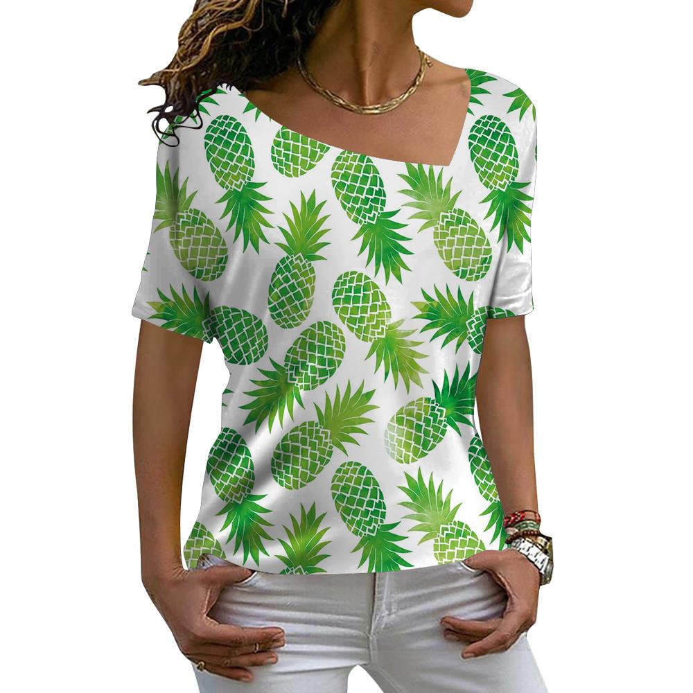 V-Ausschnitt Diagonalkragen Damen Kurzarm Mode Lässig Locker Pullover T-Shirts Sommer 3D Floral Bedrucktes T-Shirt Für Damen