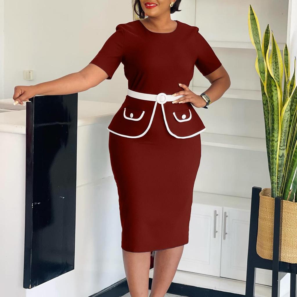 O Neck Short Sleeve Dress Elegant Bodycon Dresses Women Solid Belt Waisted Package Hips Mid Calf Professional Business Work Dress