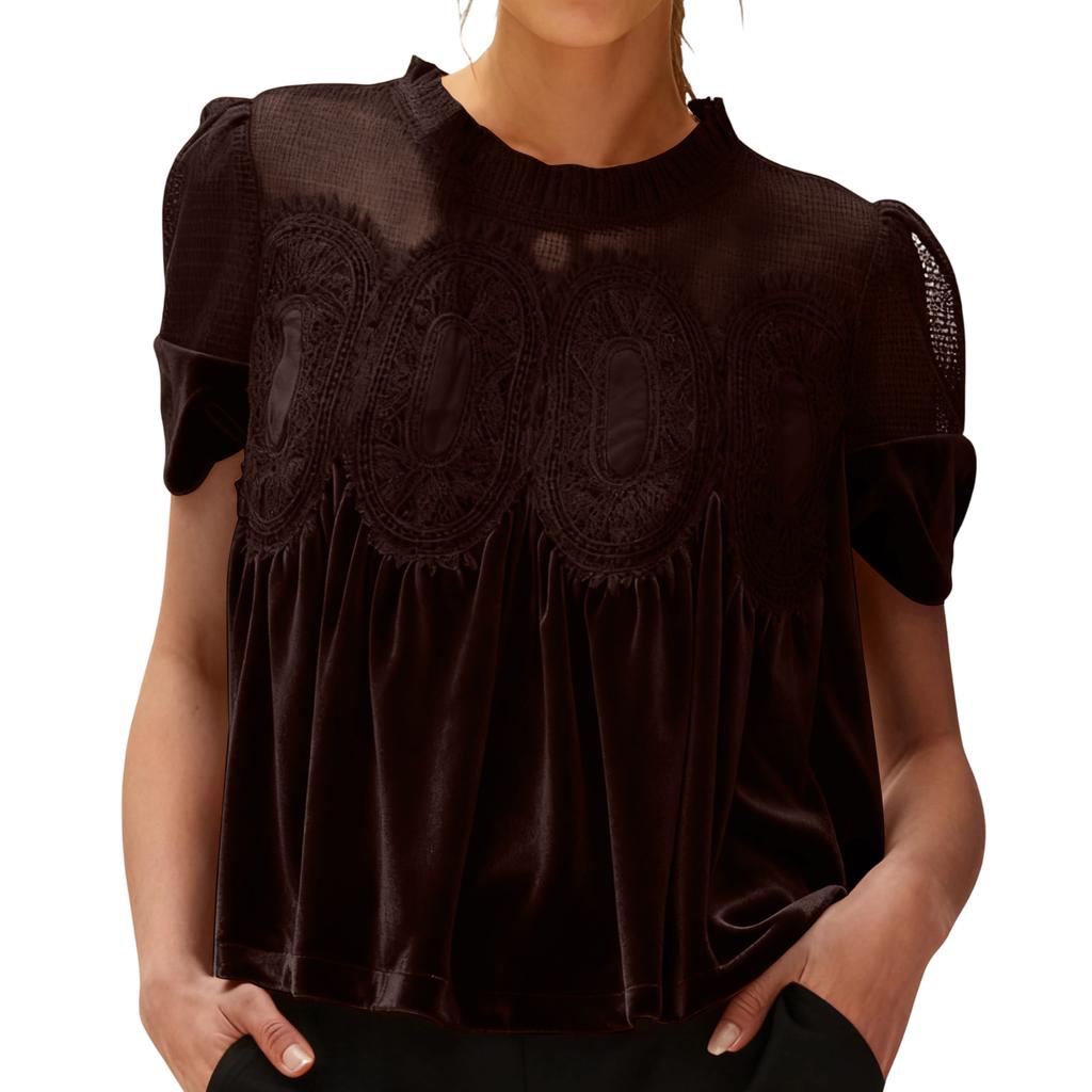Women's Solid Color Gold Velvet Short Sleeved Round Neck Top