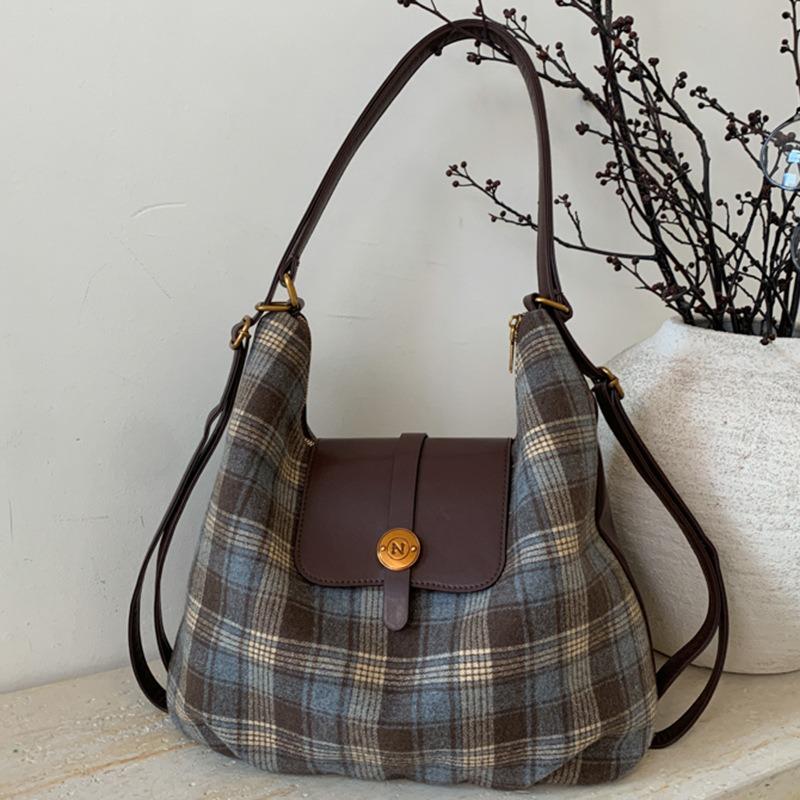 College Style Casual Woolen Plaid Backpack Bag Women's Autumn New College Style Shoulder Tote Bag