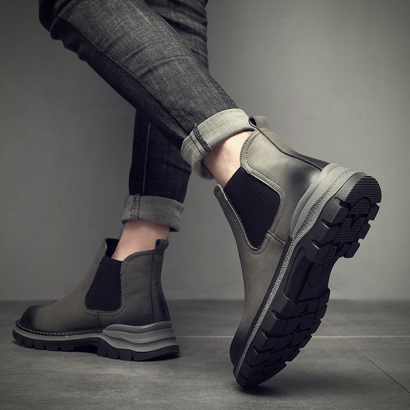 Fashion men's casual chelsea boots grey autumn winter shoes cowboy original leather boot youth street style platform ankle botas hombre