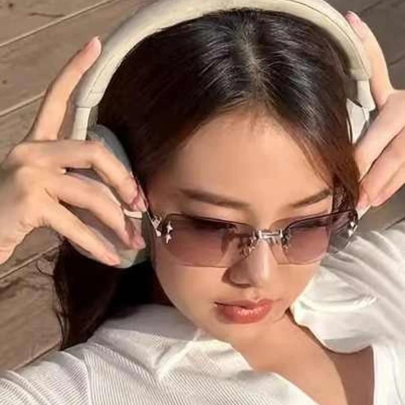 Women Girls Korean Y2K Square Frameless Anti Blue Light Glasses High-end and Spicy Style Sunglasses