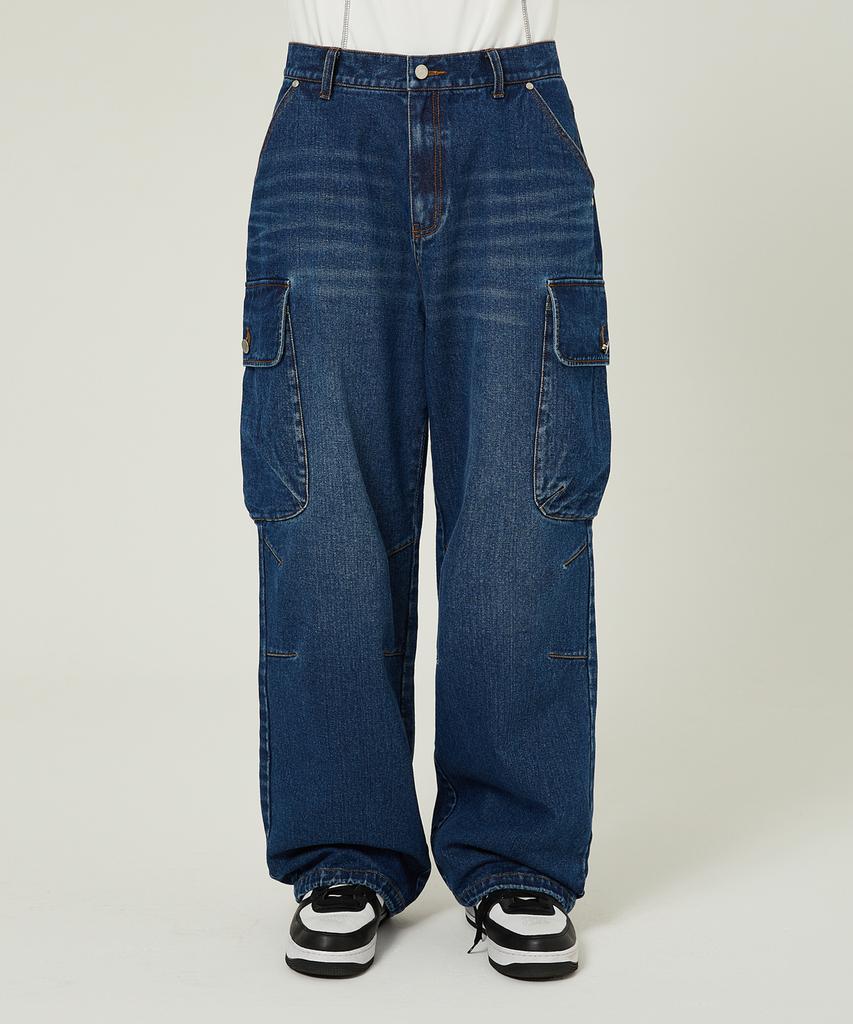 WAIKEI Parachute Cargo Washed Denim Pants Medium Blue