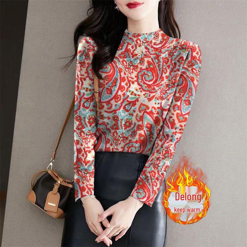 

Women s Retro Print Ribbed Fleece Base Layer Top - Semi-High Neck, Long Sleeve, Ideal for Autumn/Winter, Middle-Aged and Elderly M (Recommended up to 90 kg)