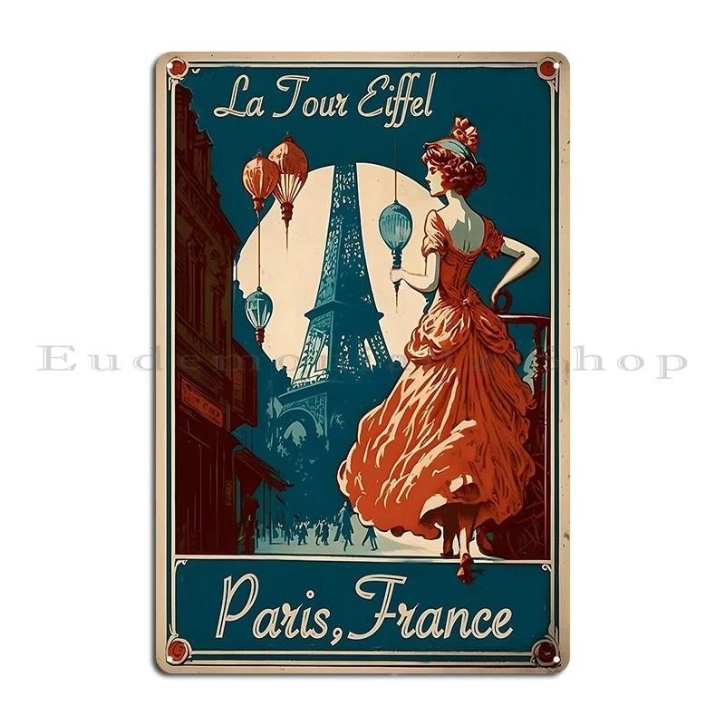 Retro Vintage Paris Poster with Eiffel Tower Parisian Elegance Metal Plaque Club Wall Decor Pub Designing Tin Sign Poster