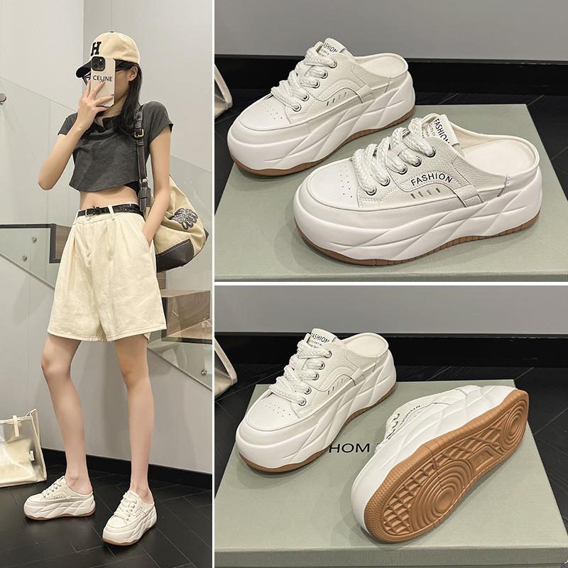 Half Slippers Women's Summer Leather Platform Slippers Versatile Bag Head Drag Casual Sports Little White Shoes Beige Comfortable
