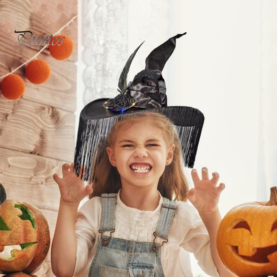 

Шляпа ведьмы на Хэллоуин, широкополая шляпа волшебника с кисточками и искусственной розой, женский костюм на Хэллоуин, аксессуар для косплей-вечеринок, повседневная одежда чёрный