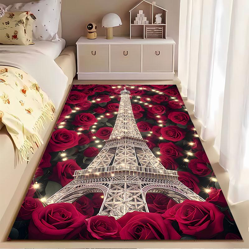 Eiffel Tower with Red Roses suitable as a non-slip mat for the living room or bedroom sofa