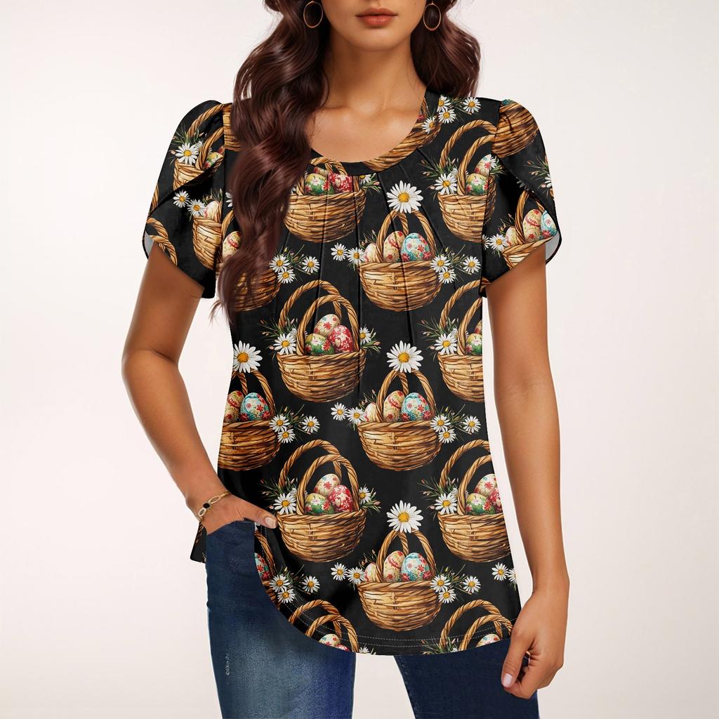 Women's Fashionable Round Neck Short Sleeve Printed Casual Basic Pleated Pullover T-shirt Top