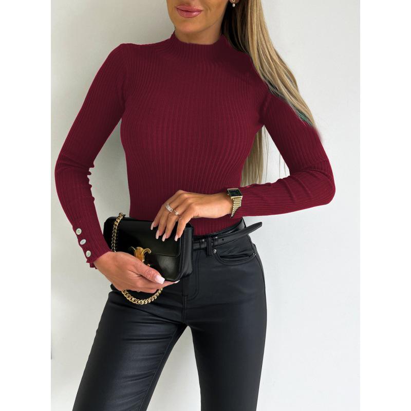 Autumn/Winter 2025 High Neck Slim Fit Ribbed Sweater for Women with Shell Buttons