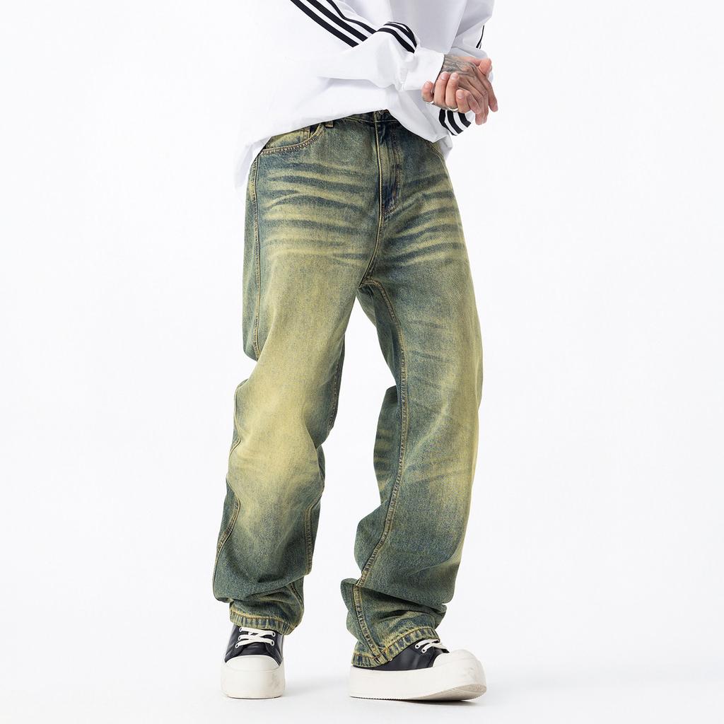 High Street retro washed old jeans men's trendy brand loose big straight denim drape wide leg trousers men