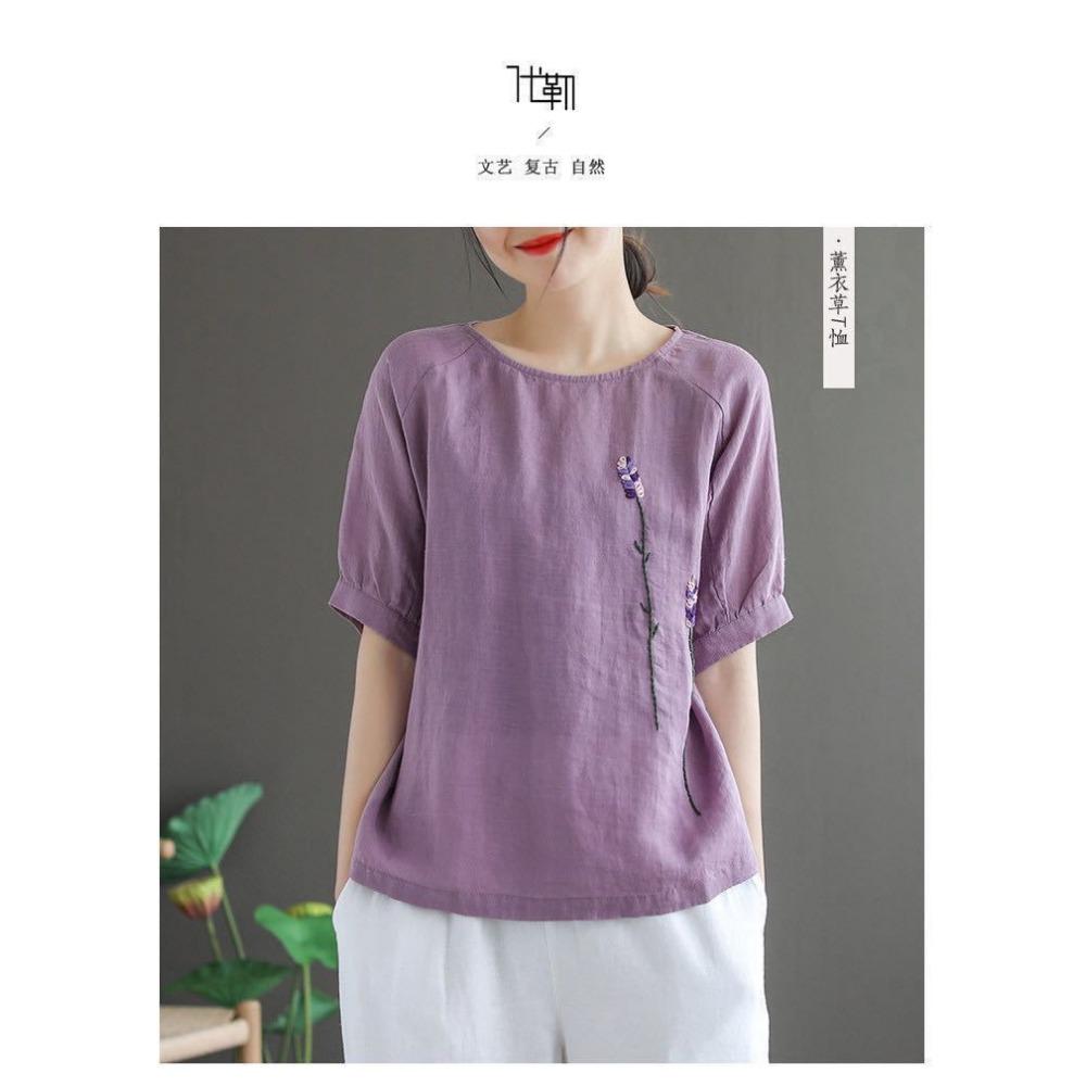 Artistic Retro Flower Embroidery Cotton Linen Round Neck Short Sleeved T-shirt for Women Summer New Loose and Versatile Top for Women