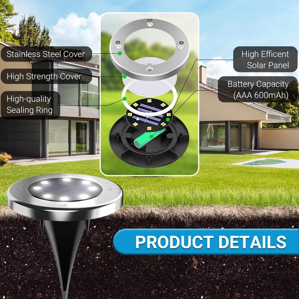 4-piece outdoor solar ground lights, 8 LED solar ground lamps, waterproof, suitable for patios and gardens (white light)