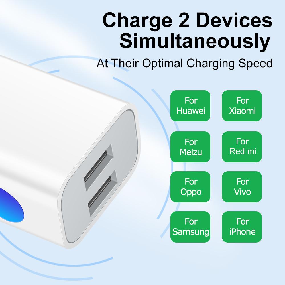 2A Dual Port USB Wall Charger for Samsung Xiaomi Output Travel Plug Power Adapter Compatible for Phone