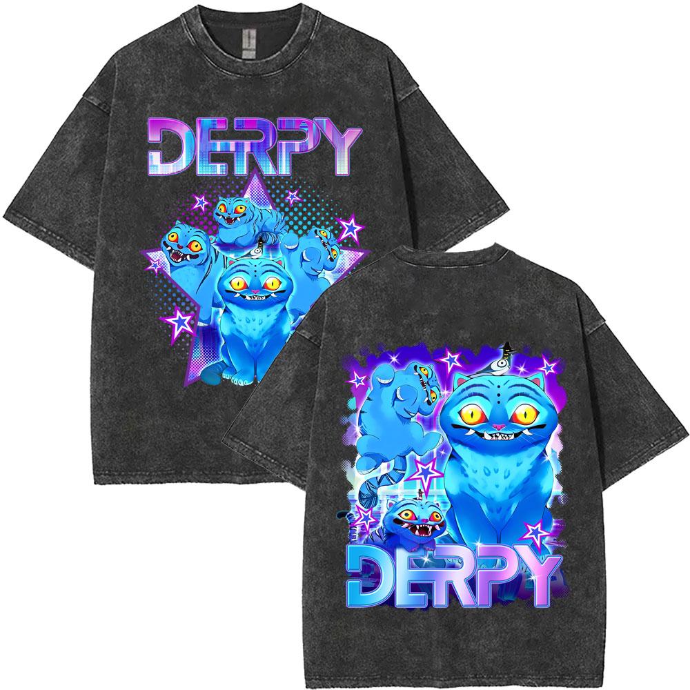 Movie Kpop Demon Hunters Derpy Tiger Washed Vintage T Shirt Men Women Cartoon Fashion Casual T-shirts Men's Oversized