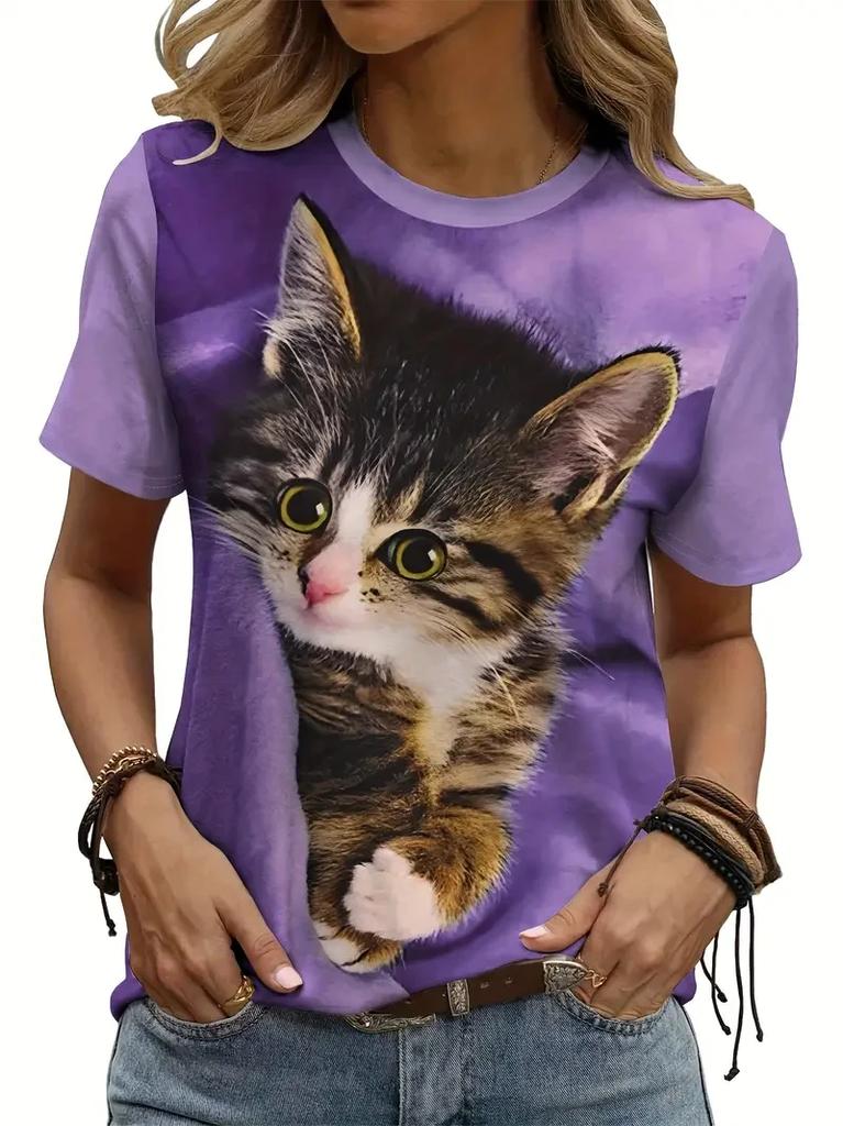 Cute Cartoon Cat Pattern T Shirt for Women Funny Animal 3D Printed Short Sleeves Tees Summer Plus Size T-Shirts O-Neck Kids Tops