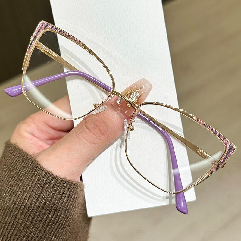 New Fashion Diamond Studded Metal Eyeglass Frame for Women Clear Lenses Glasses Fashionable Cat Eye Computer Goggles