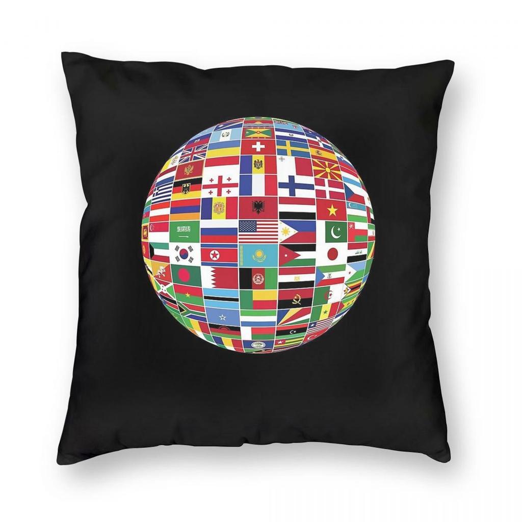Flaggen der Welt Runder Globus Quadratischer Kissenbezug Polyester Leinen Samt Bedruckt Reißverschluss Wurfkissenbezug Sofasitzkissenbezug