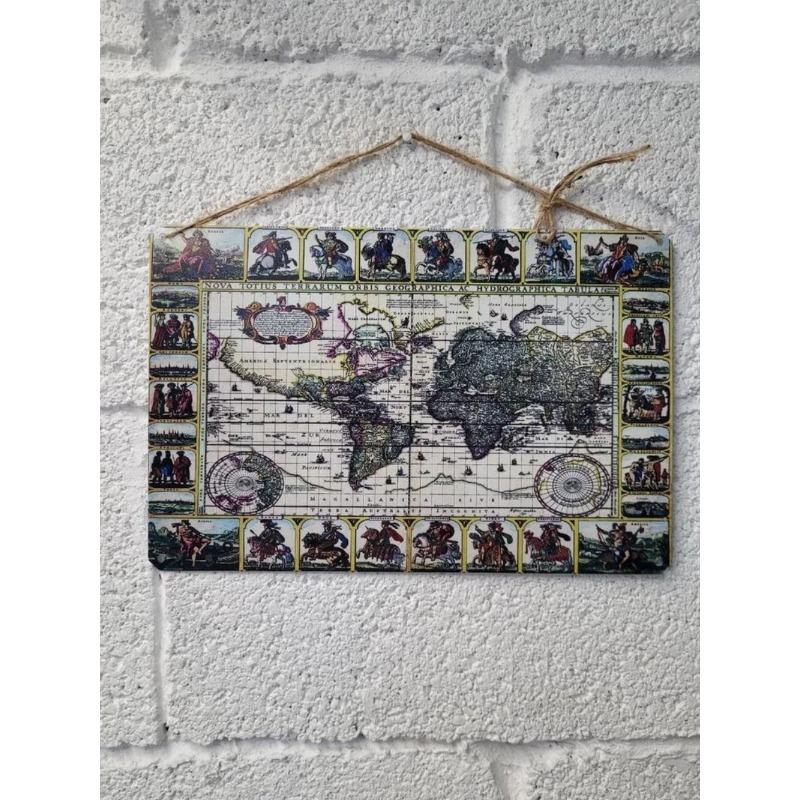 Vintage World Map Tin Sign, Antique Metal Wall Decor