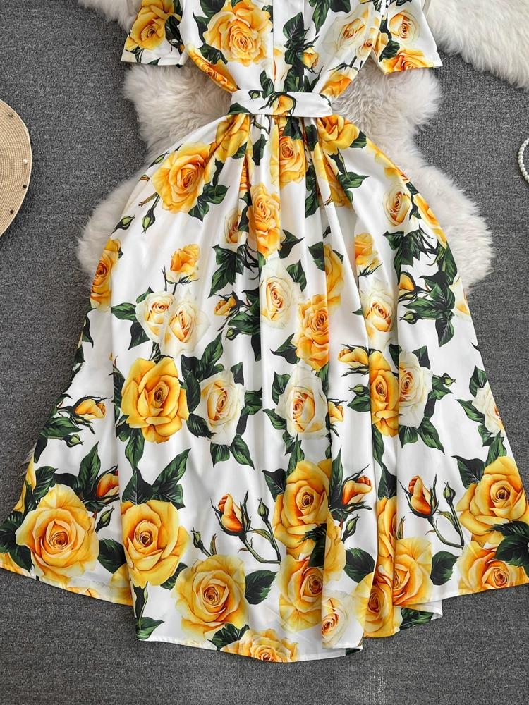 Vestido de pasarela con estampado de diseñador para mujer, elegante vestido de fiesta con cuello vuelto y camisa rosa amarilla