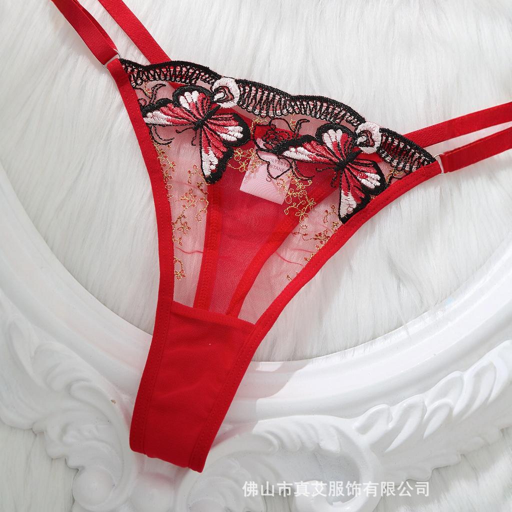 Red butterfly embroidered perspective lace erotic underwear set, women's gathering bra thong two-piece set