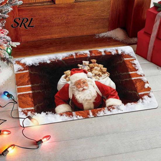 Anti Slip Kitchen Floor Runner 3D Christmas Entrance Rug, Santa Claus Snowman Mat, Non-slip Soft Crystal Velvet Mat Festive Rug for Front Door