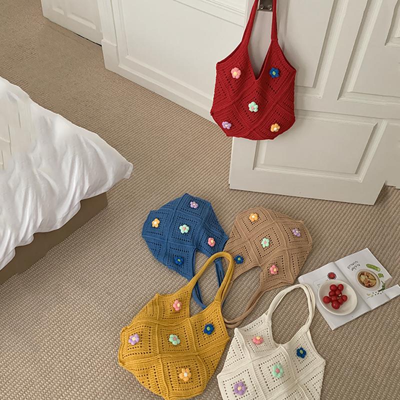 Yogodlns Summer New Hollow out Knitted Flower Tote Bag Single Shoulder Commute High-End Feeling Large Capacity Business Commuting