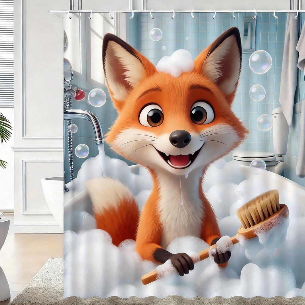 Cute 3D Cartoon Penguin Bathing with Bubbles Waterproof Shower Curtain - Fun Bathroom Decor