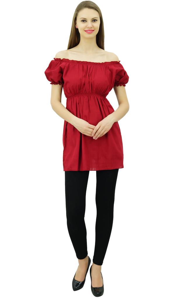 Bimba Women's Off shoulder Puff Sleeve Tops Elastic Waist Blouse Cotton