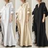 Women's Round Neck Long Balloon Sleeve Maxi Dress Loose Fit Elastic Waist Elegant Solid Cotton Linen Dress