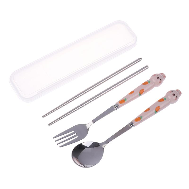 Sada nádobí s kresleným králíkem a lžící a vidličkou z nerezové oceli, hůlky, studentské přenosné nádobí, cestovní příbory s krabičkou