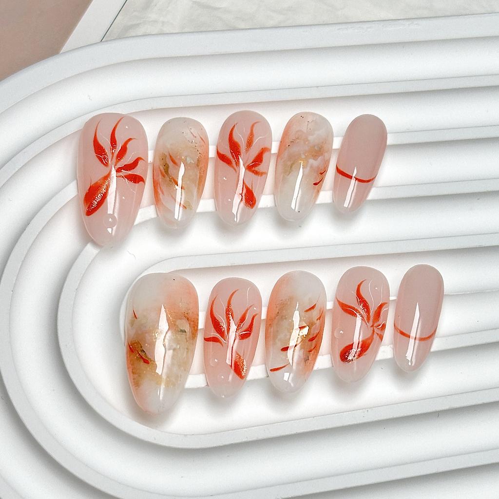 Women Mid‑Long Press‑On Nails Pure‑Handmade Boutique Gold‑Carp Transfer‑Print Lucky‑Vibe False Nail Patches